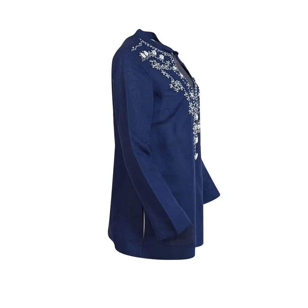 Tory Burch - Navy w/ Pearl, Shell, & Rope Embroidery V-Neck Tunic Top Sz 8